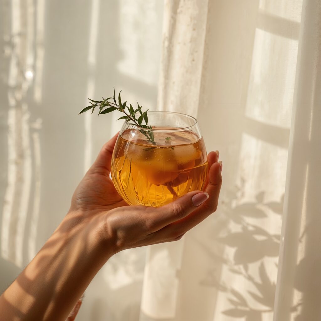A person enjoying one of the best adaptogen drinks for anxiety in a relaxing home environment