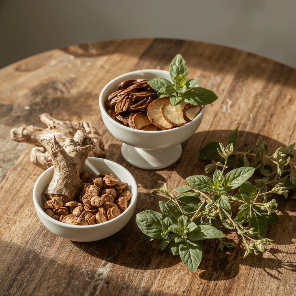 Ingredients used in the best adaptogen drinks for anxiety laid out on a table
