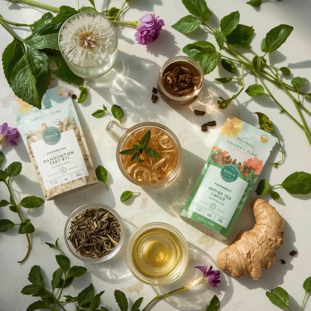 Herbal good detox tea setup with dandelion root, green tea, peppermint, and ginger in a serene environment
