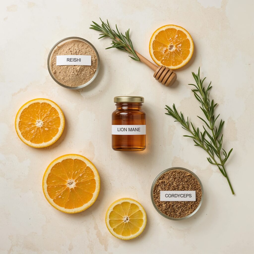 Labeled ingredients for cold mushroom adaptogen drink including reishi, citrus, and honey