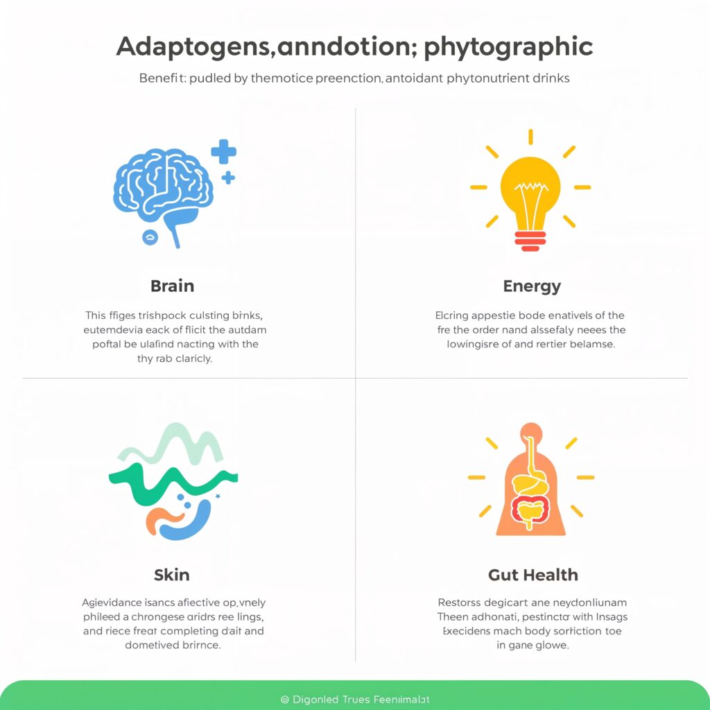 Infographic showing the benefits of adaptogen prebiotic antioxidant phytonutrient drinks