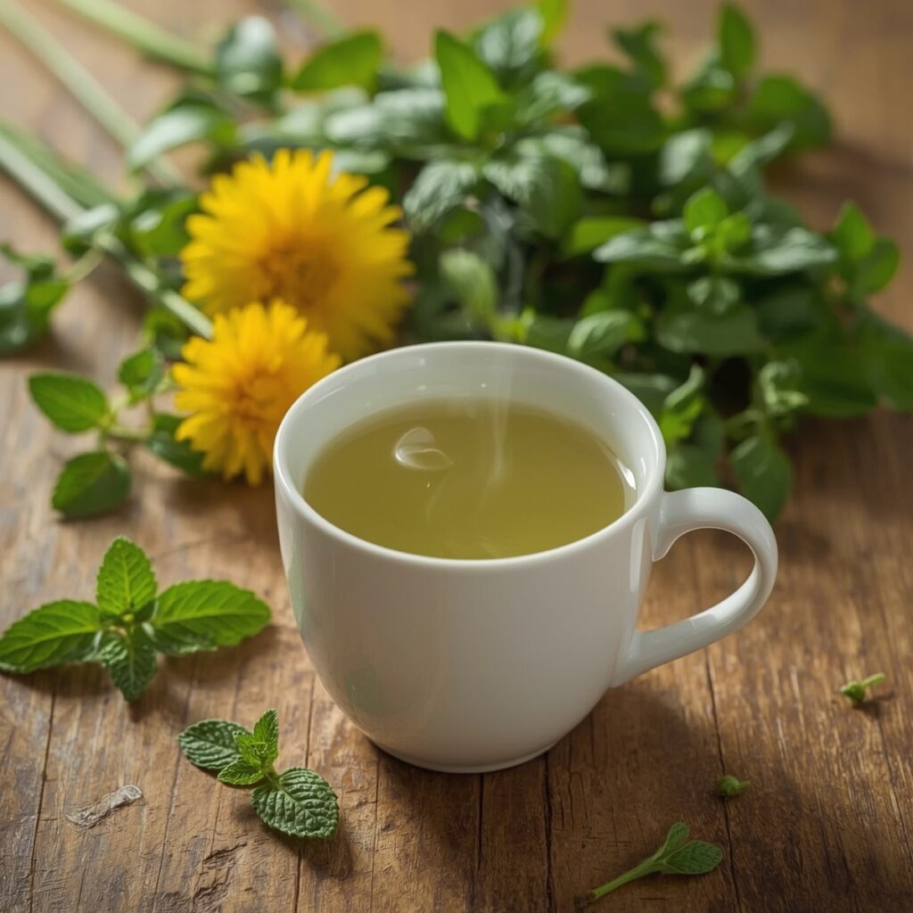 A cup of green tea with dandelion root and peppermint leaves on a wooden table