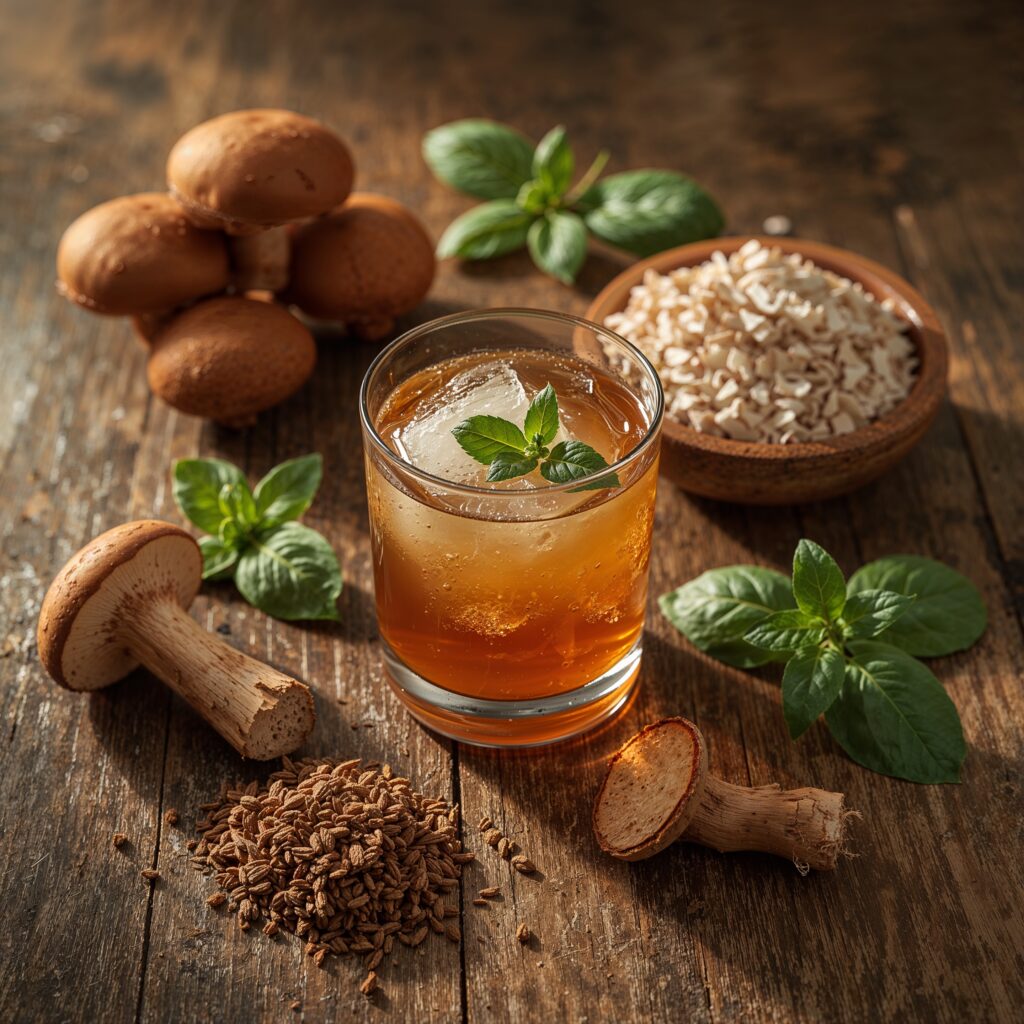 Refreshing adaptogen drinks recipes with herbs and citrus served in a glass for natural stress relief and energy boost