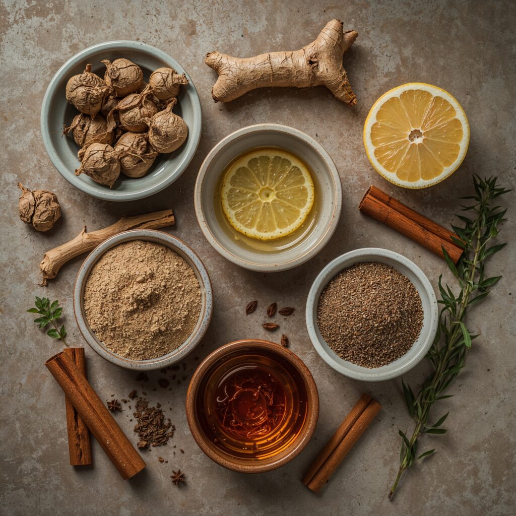 Adaptogen drinks recipe ingredients including ashwagandha, lemon, ginger, honey, and herbs for natural stress relief.