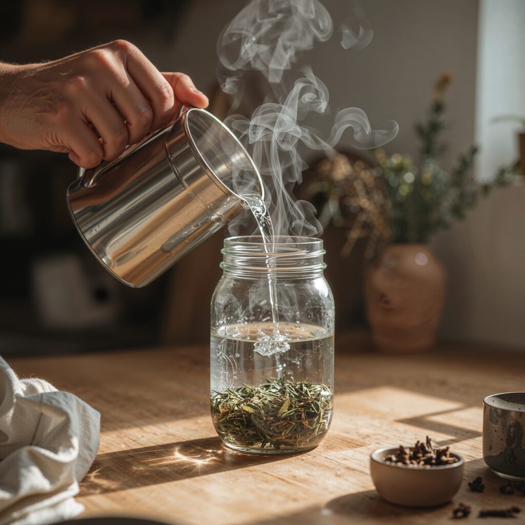 Creamy adaptogen drinks recipes with cinnamon in a clear glass mug, placed on linen with soft floral background.