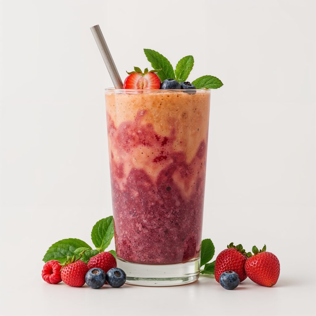 Layered adaptogen smoothie with berries, peach, and mint in a tall glass, garnished with fresh fruits.