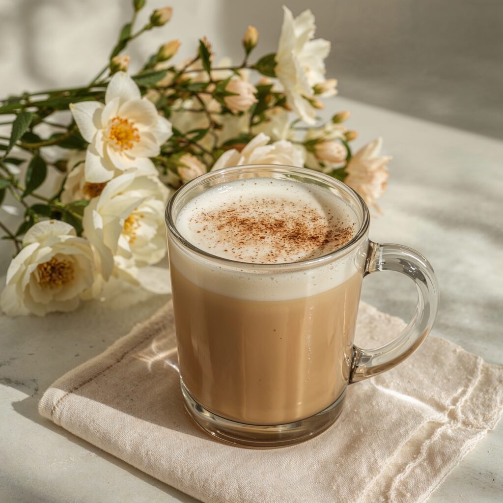 Adaptogen drinks recipes in a clear glass mug with cinnamon on top, styled with white flowers and soft daylight.