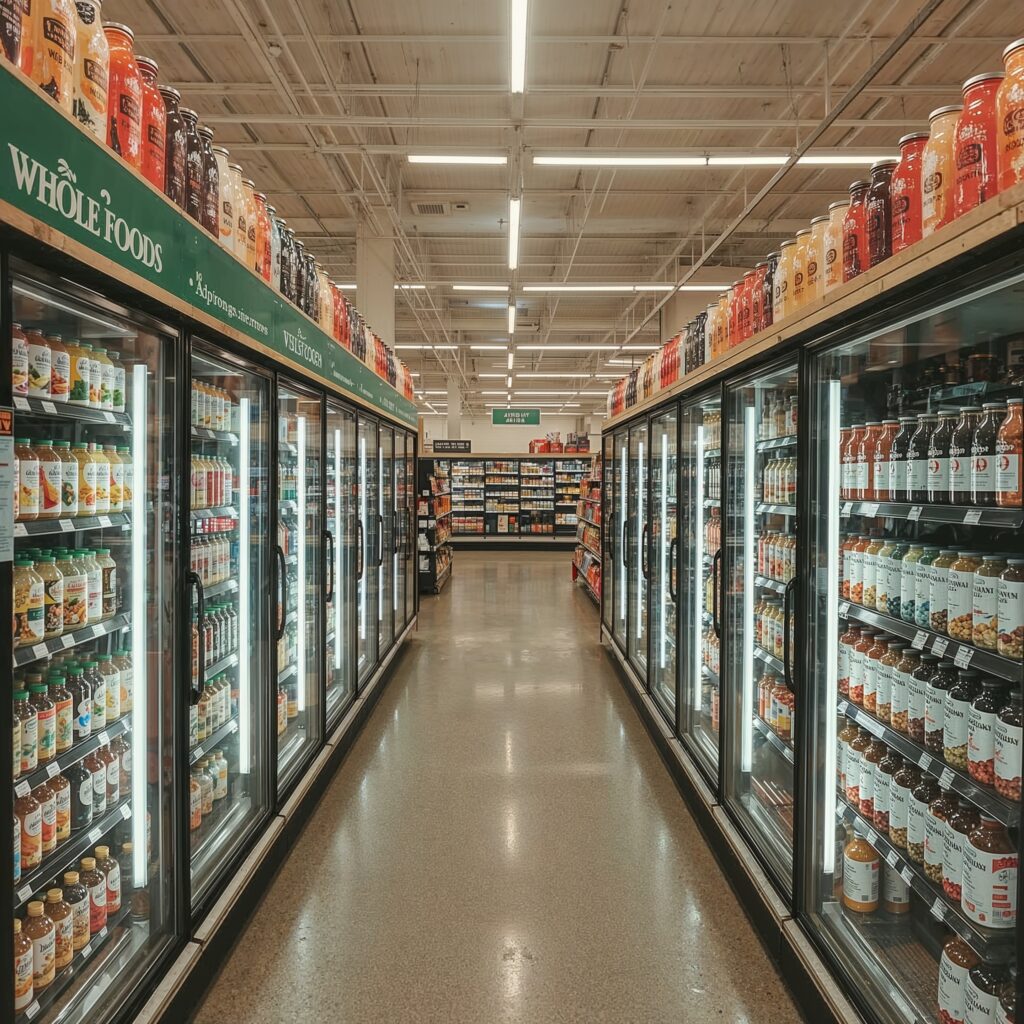 Whole Foods beverage aisle stocked with adaptogen drinks
