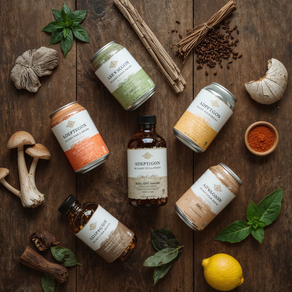 Flat lay of adaptogen drinks whole foods with functional ingredients like ashwagandha and reishi