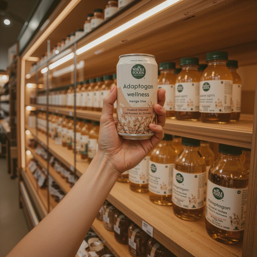 holding a Whole Foods adaptogen drink in a wellness aisle