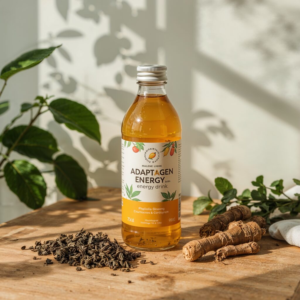 Bottled adaptogen energy drinks with herbs like rhodiola and ginseng on wooden table