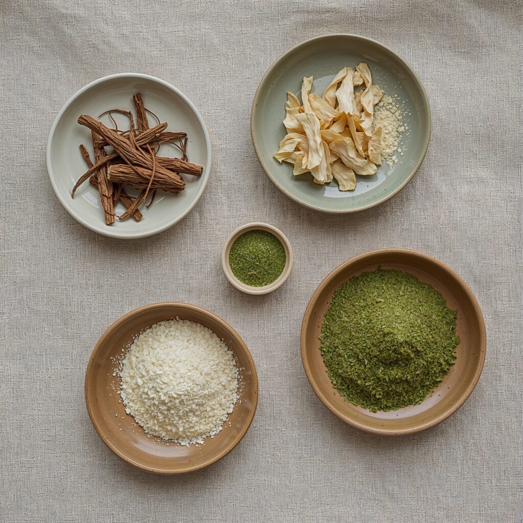 Ashwagandha, ginseng, rhodiola, and cordyceps arranged for an energy drink recipe