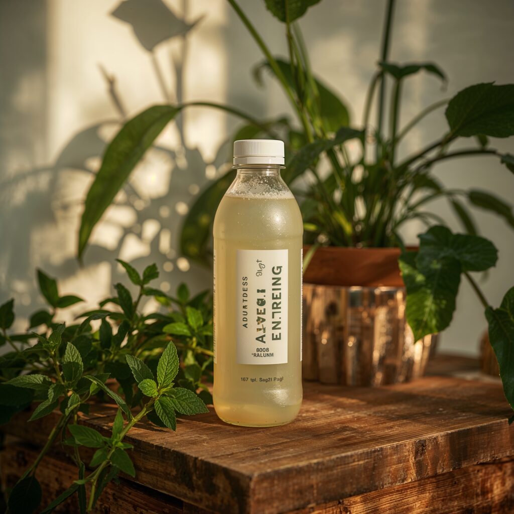 Person enjoying an adaptogen energy drink in a sunlit kitchen setting