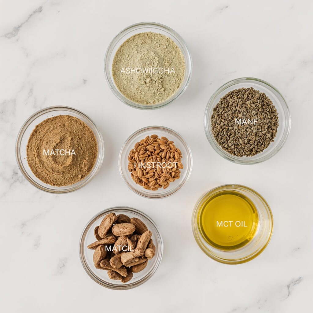 Close up of adaptogenic powders and nootropic capsules on a ceramic dish