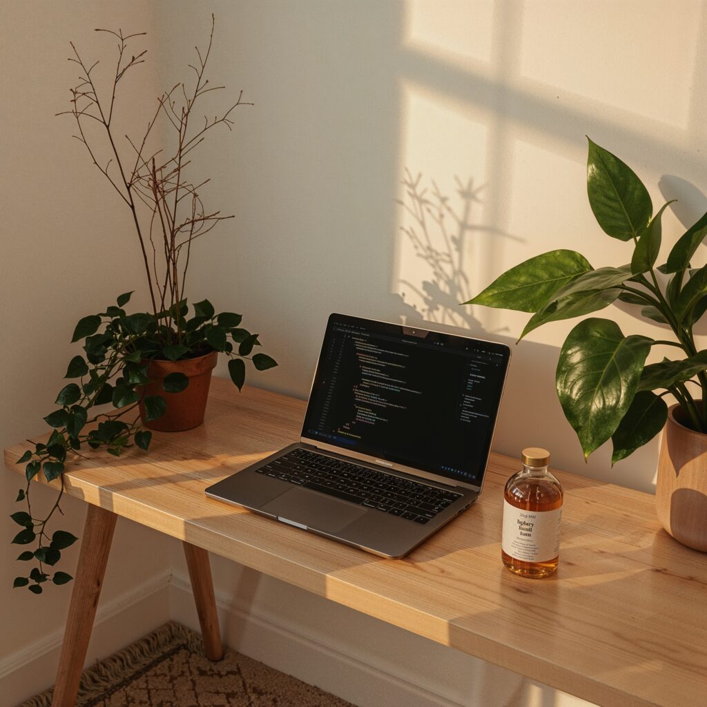 Morning setup with adaptogen and Nootropic drink, journal, and incense on wooden table