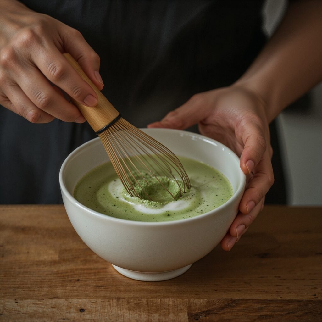 Hand pouring adaptogen nootropic drinks into a glass in a modern kitchen