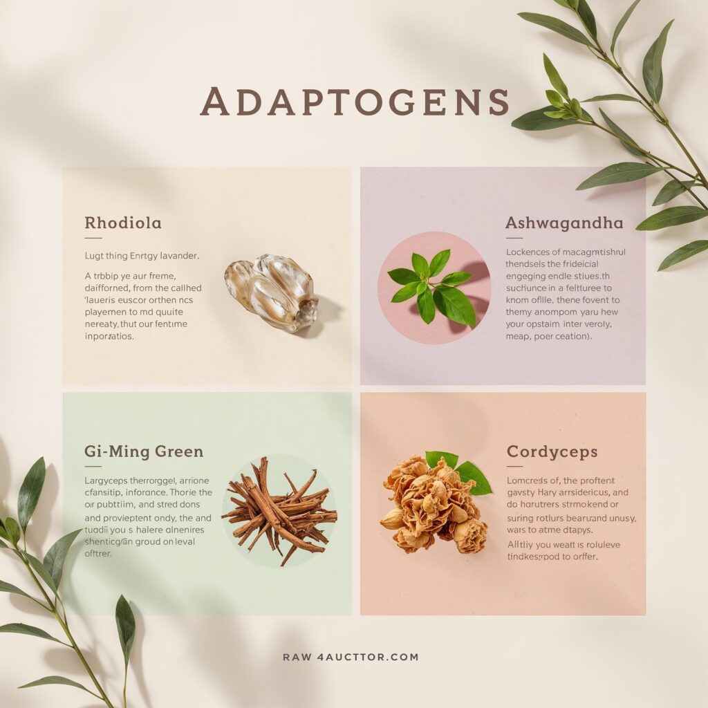 Adaptogen energy chart comparing rhodiola, cordyceps, ashwagandha, and ginseng