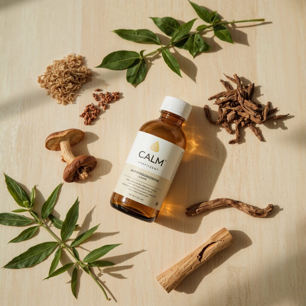 Calm adaptogen drink bottle with reishi and lemon balm