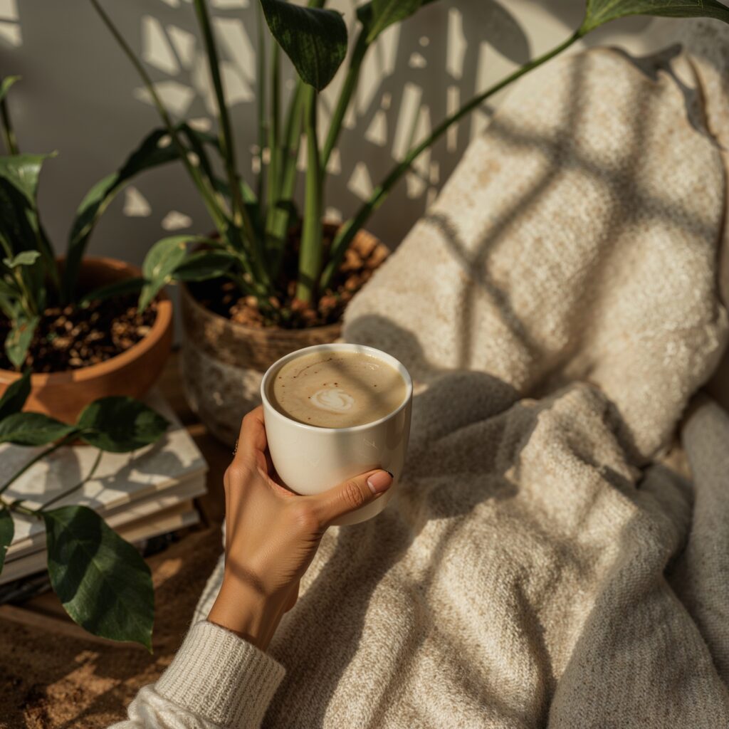 Person relaxing with a calm adaptogen drink at home
