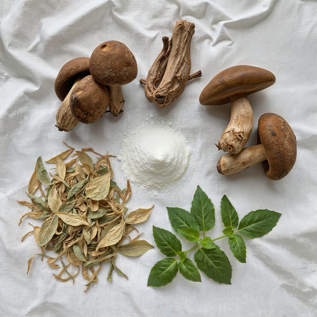 Flat lay of natural calming adaptogen ingredients