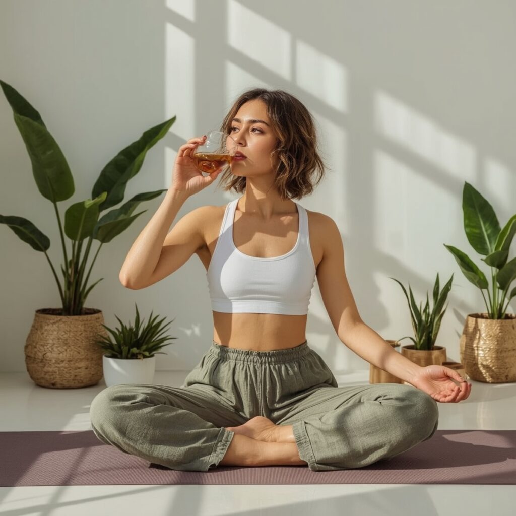 A person practicing yoga in a bright room, holding a cup of detox colon cleanse tea, surrounded by plants and natural elements, embodying a healthy lifestyle focused on physical and mental well-being.