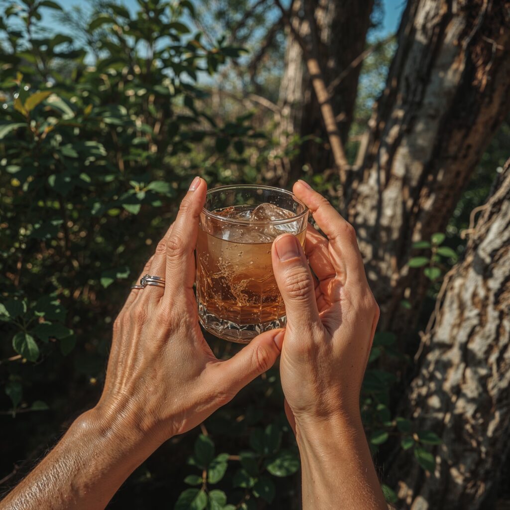 Person enjoying a cold mushroom adaptogen drink outdoors in the sun