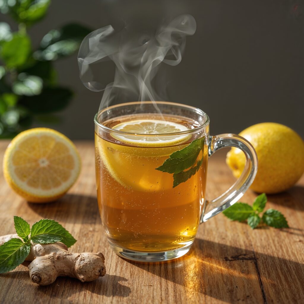 Fresh herbal detox tea in glass cup with mint and lemon