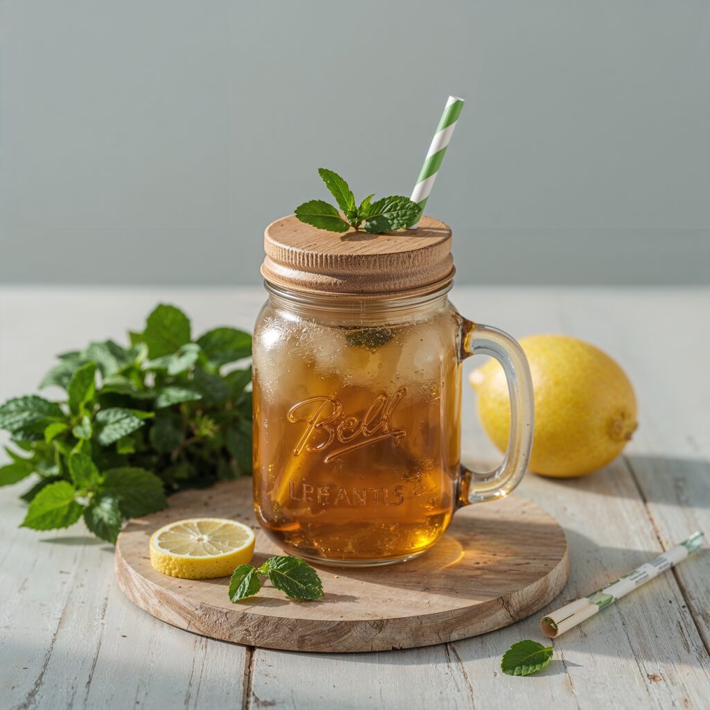 Iced detox tea in a mason jar with lemon, mint, and eco friendly straw on a wooden board