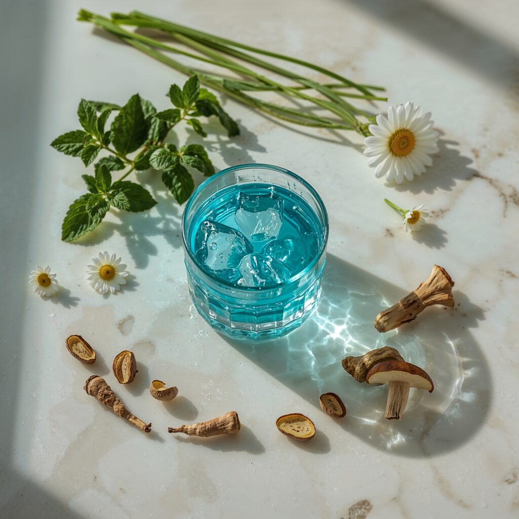 Glass of magnesium and adaptogen drink with herbs and mushrooms