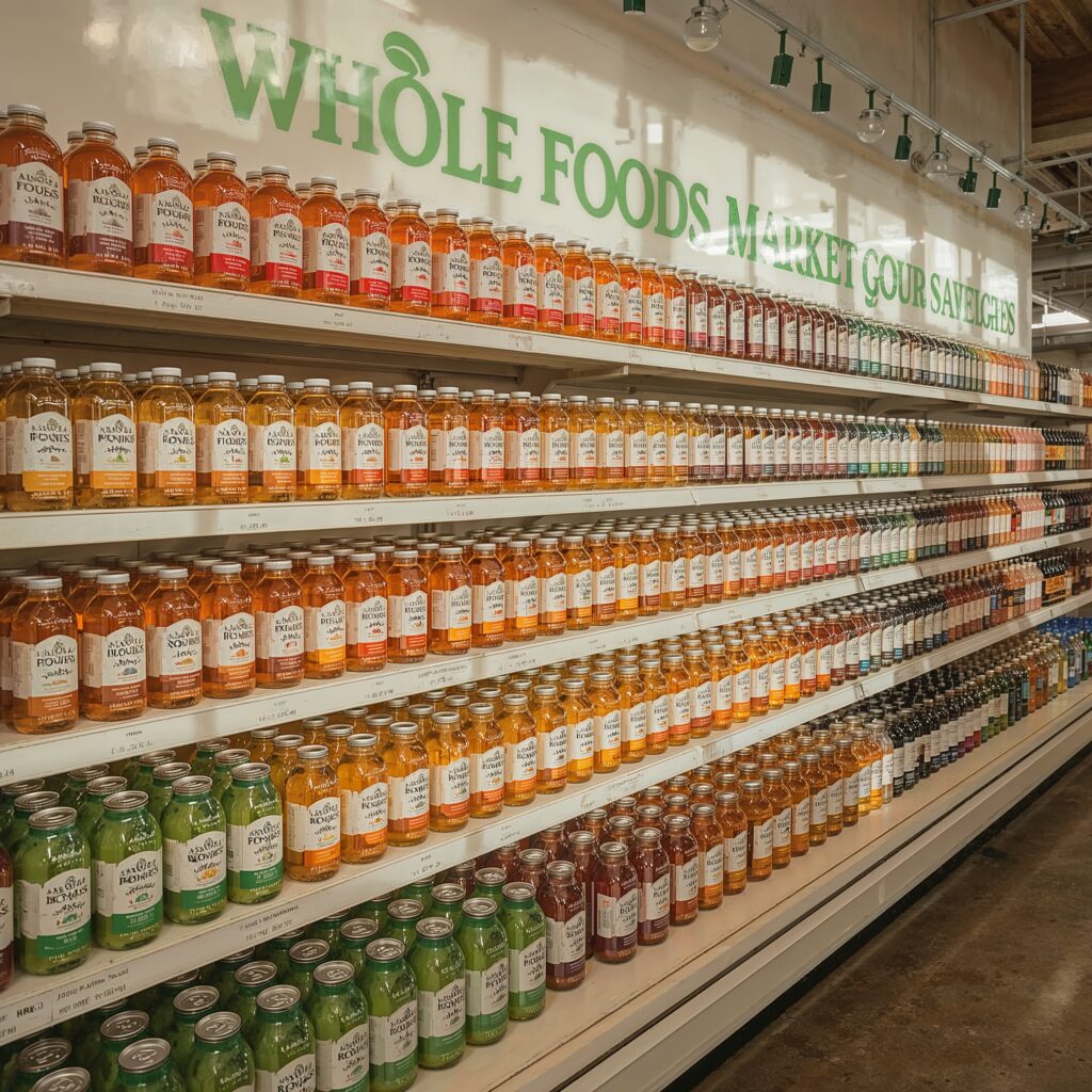 Whole Foods shelf with magnesium and adaptogen drinks