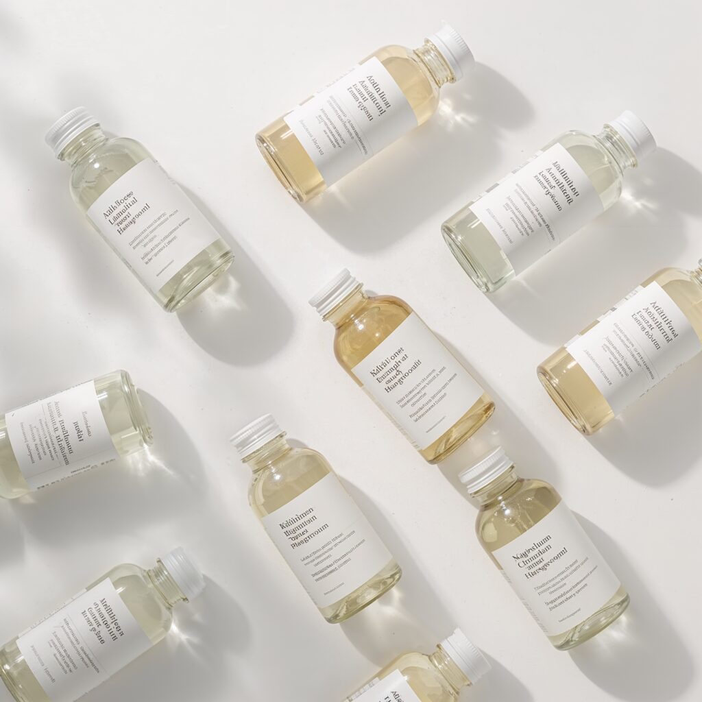 Bottles of adaptogen and magnesium drinks labeled with health benefits