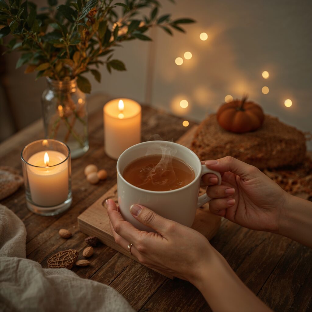 Person relaxing with a warm magnesium and adaptogen drink