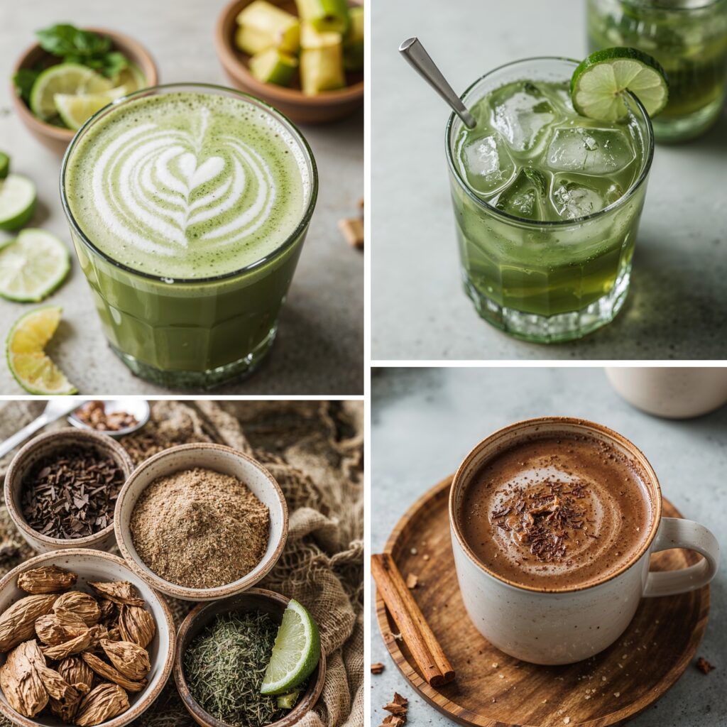 Collage of adaptogen drink recipes : creamy matcha latte, iced green tonic, herbal powders, and warm spiced cacao in rustic setting.