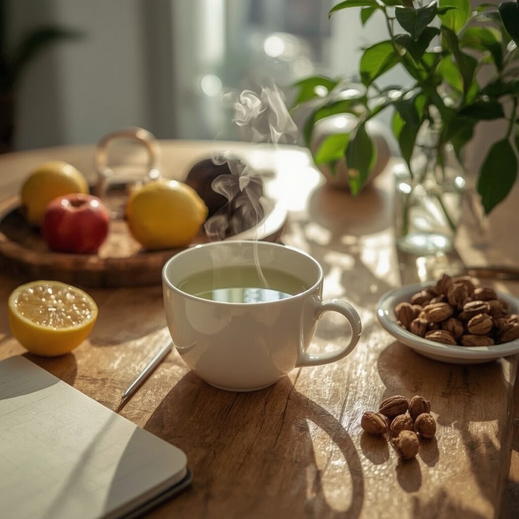 A steaming cup of green tea on a rustic wooden breakfast table, surrounded by fresh fruits, nuts, and a notebook, with soft morning sunlight streaming in, symbolizing the fresh start to the day.