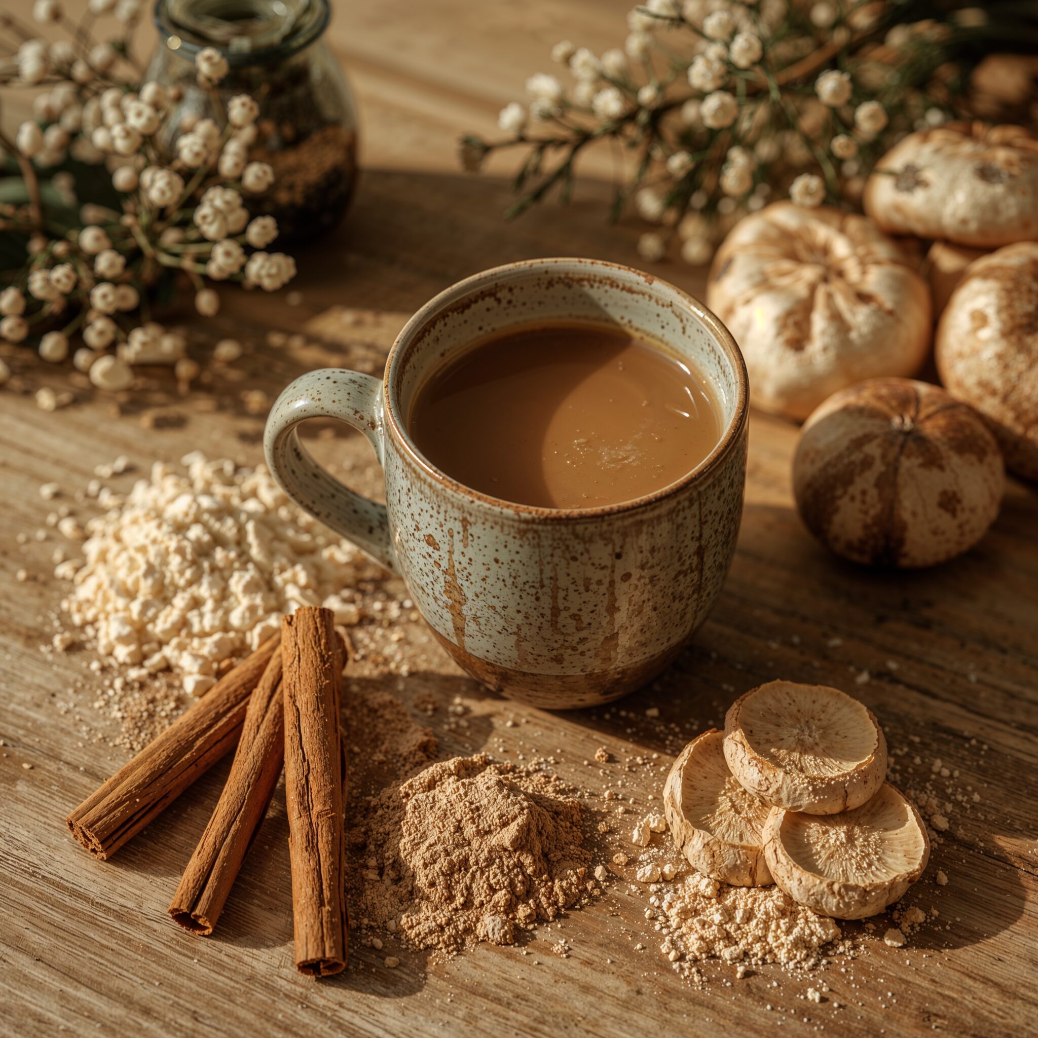 Mushroom adaptogen drink with cordyceps and lion’s mane in a rustic mug