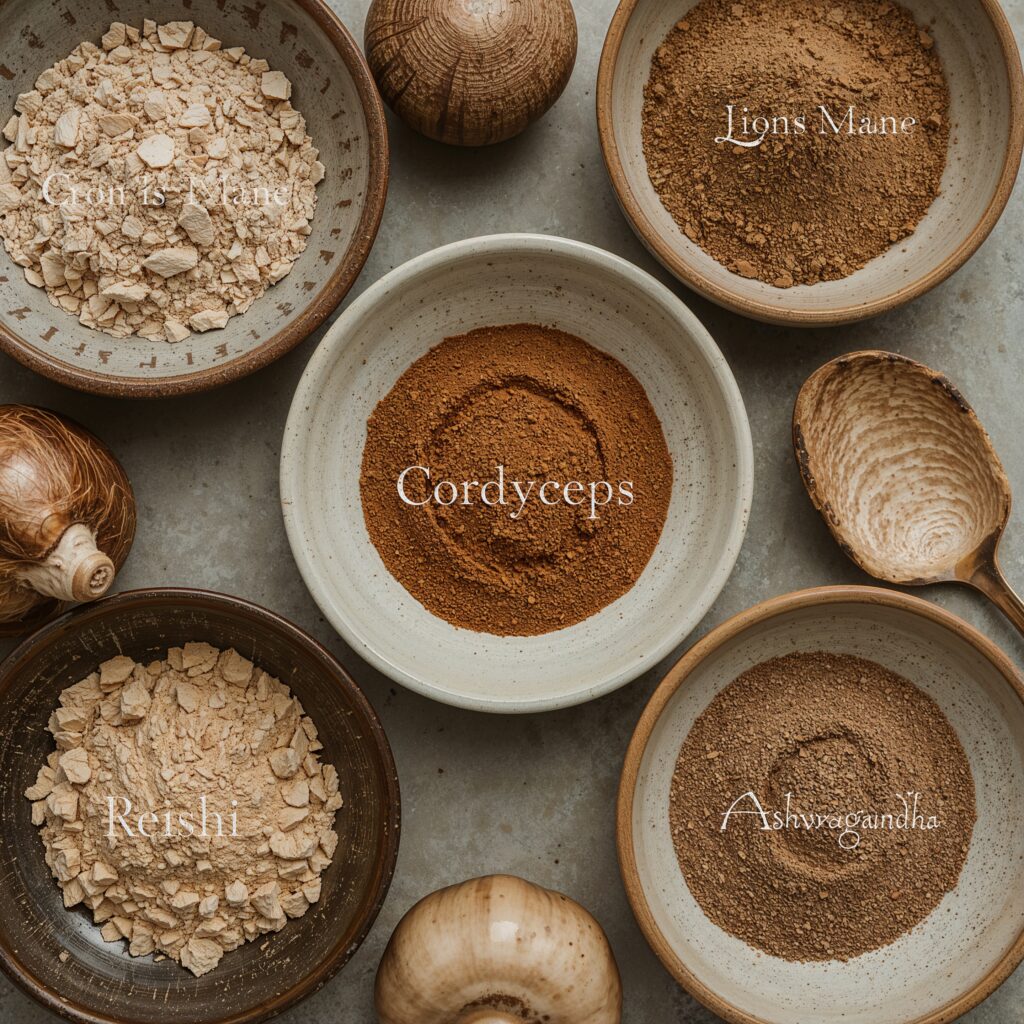 Close up of adaptogen mushroom drinks powders: lion’s mane, reishi, and cordyceps