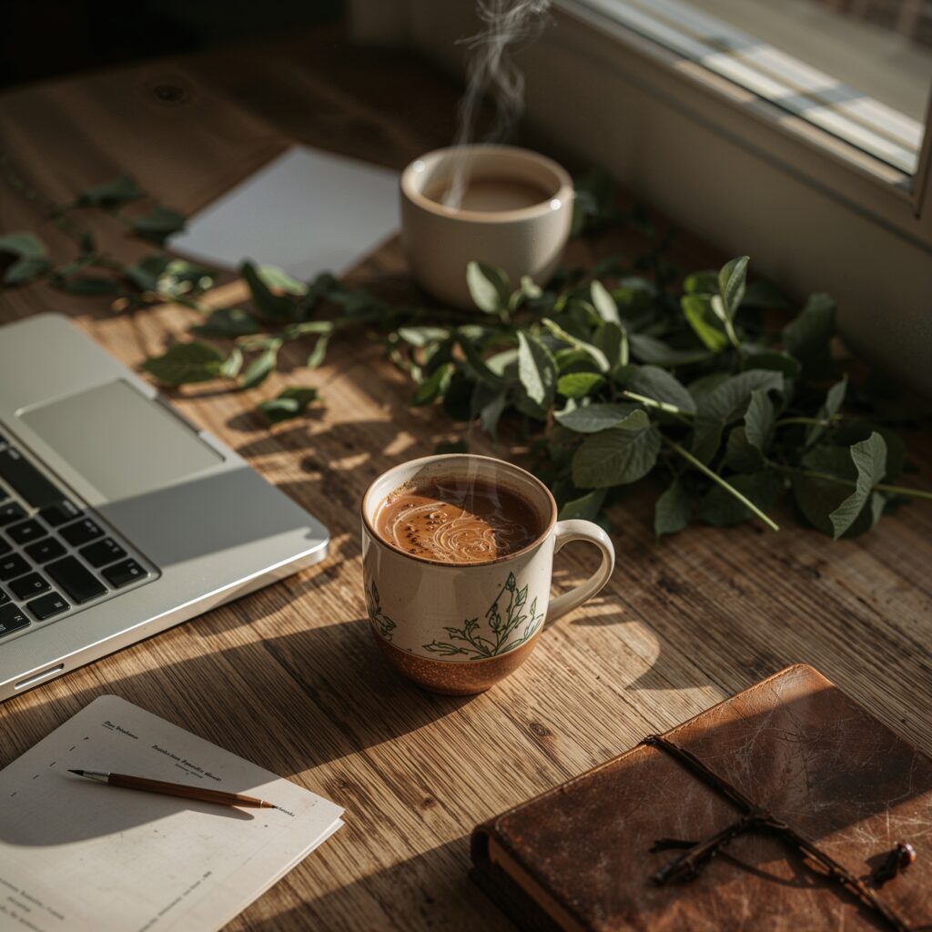 Pouring a mushroom adaptogen drinks into a mug during a morning routine
