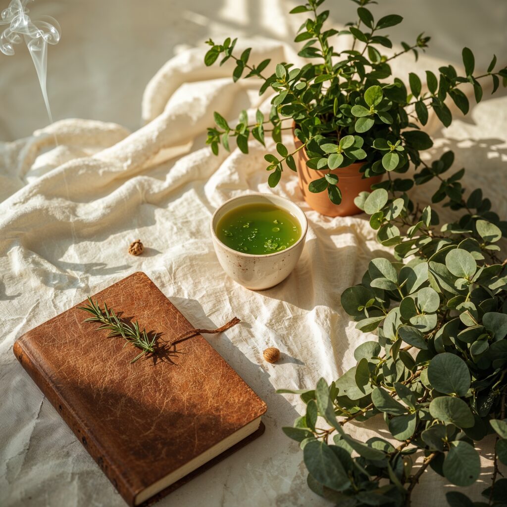 Daily wellness ritual featuring a mushroom adaptogen drink and herbal setup