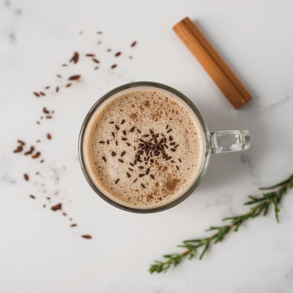 Finished mushroom adaptogen drink with cinnamon and foam in a glass mug