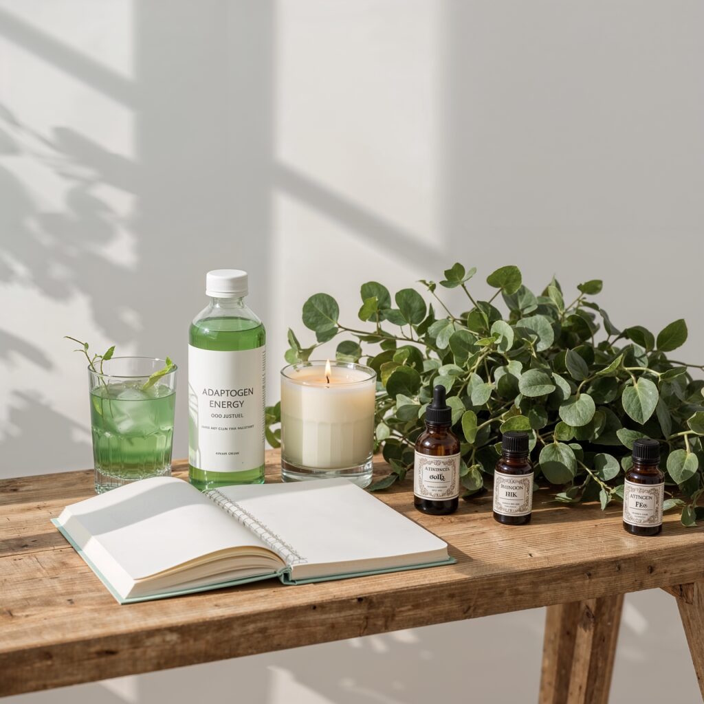 Adaptogen energy drink setup with journal, herbal tinctures, and plants