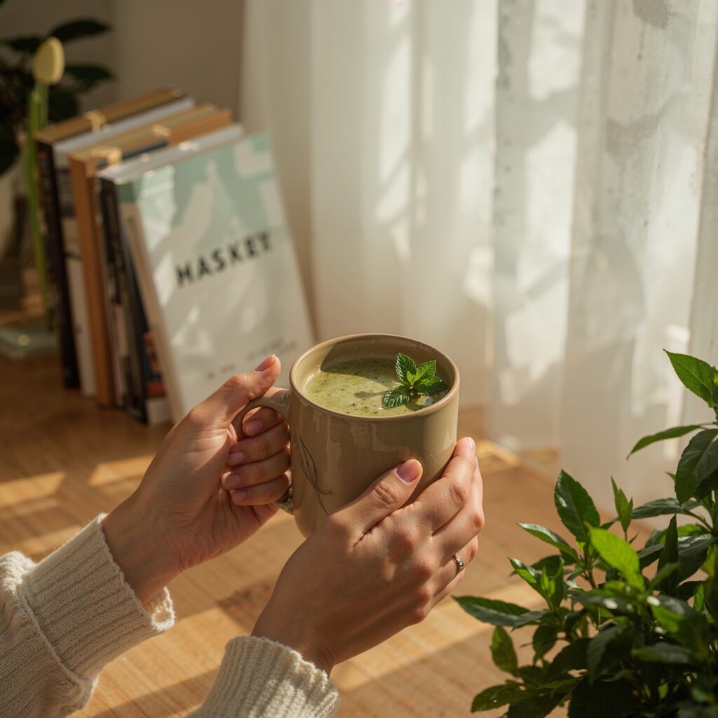 Person sipping Recess adaptogen drink in home workspace