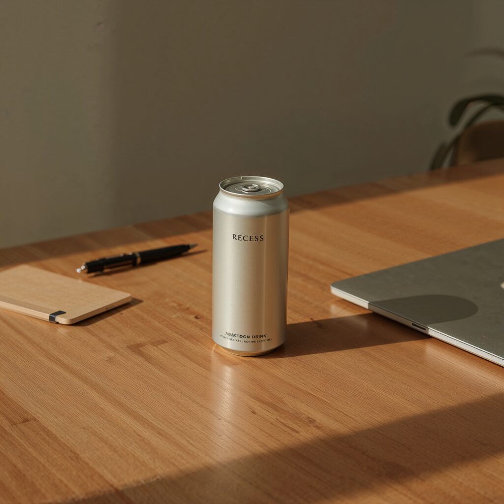 Can of Recess adaptogen drink on a desk beside laptop