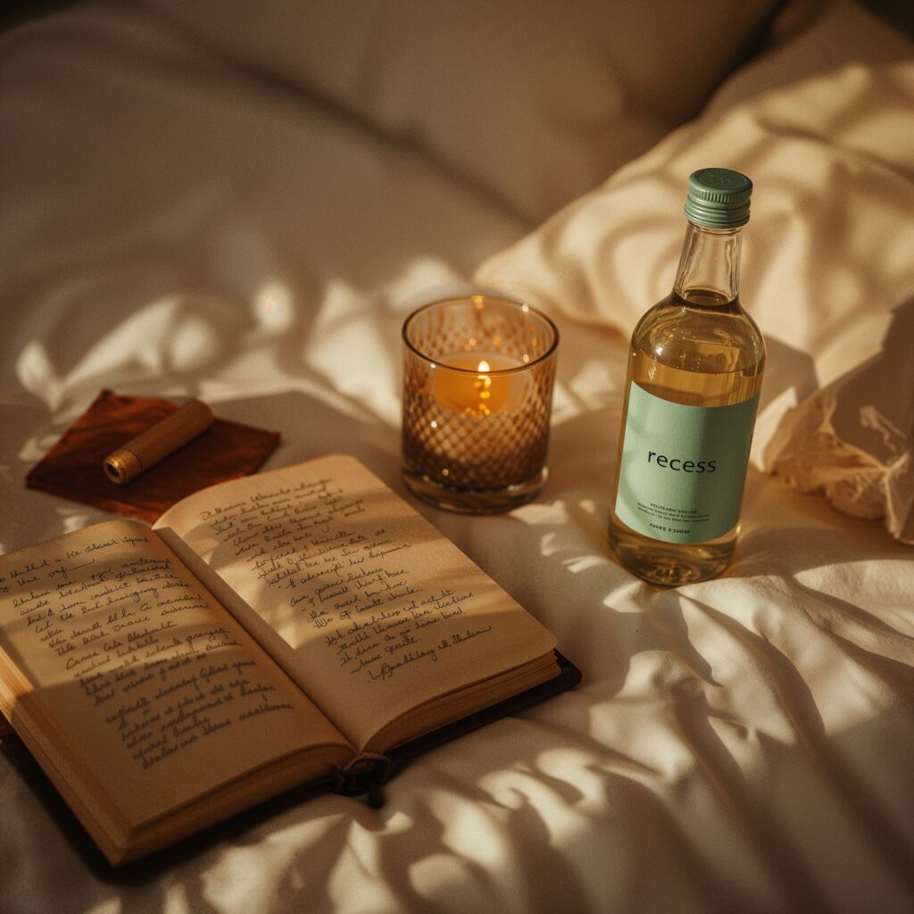 Recess adaptogen drink on a table with journal and candle