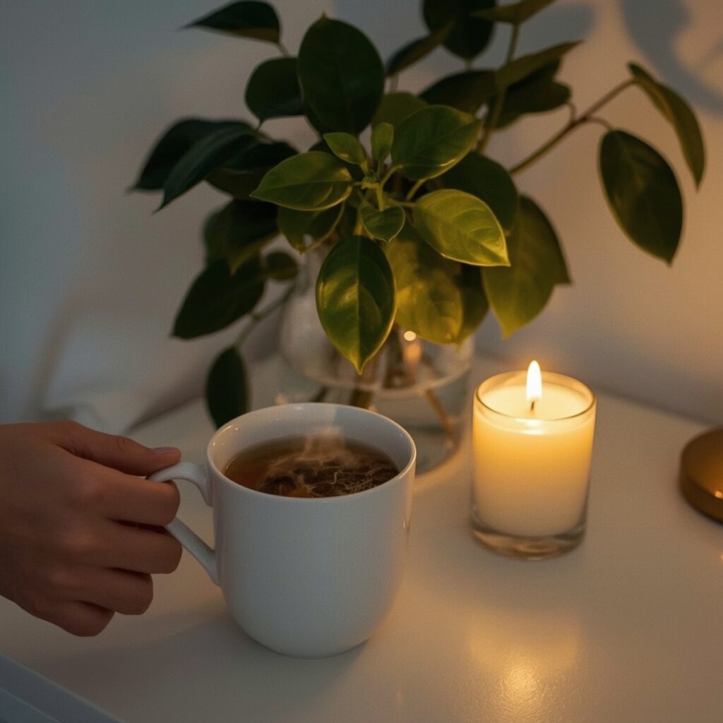  A cozy bedroom setting with a steaming cup of night detox tea on a nightstand, next to a softly glowing candle, plants in the background, and a serene atmosphere created by soft lighting.