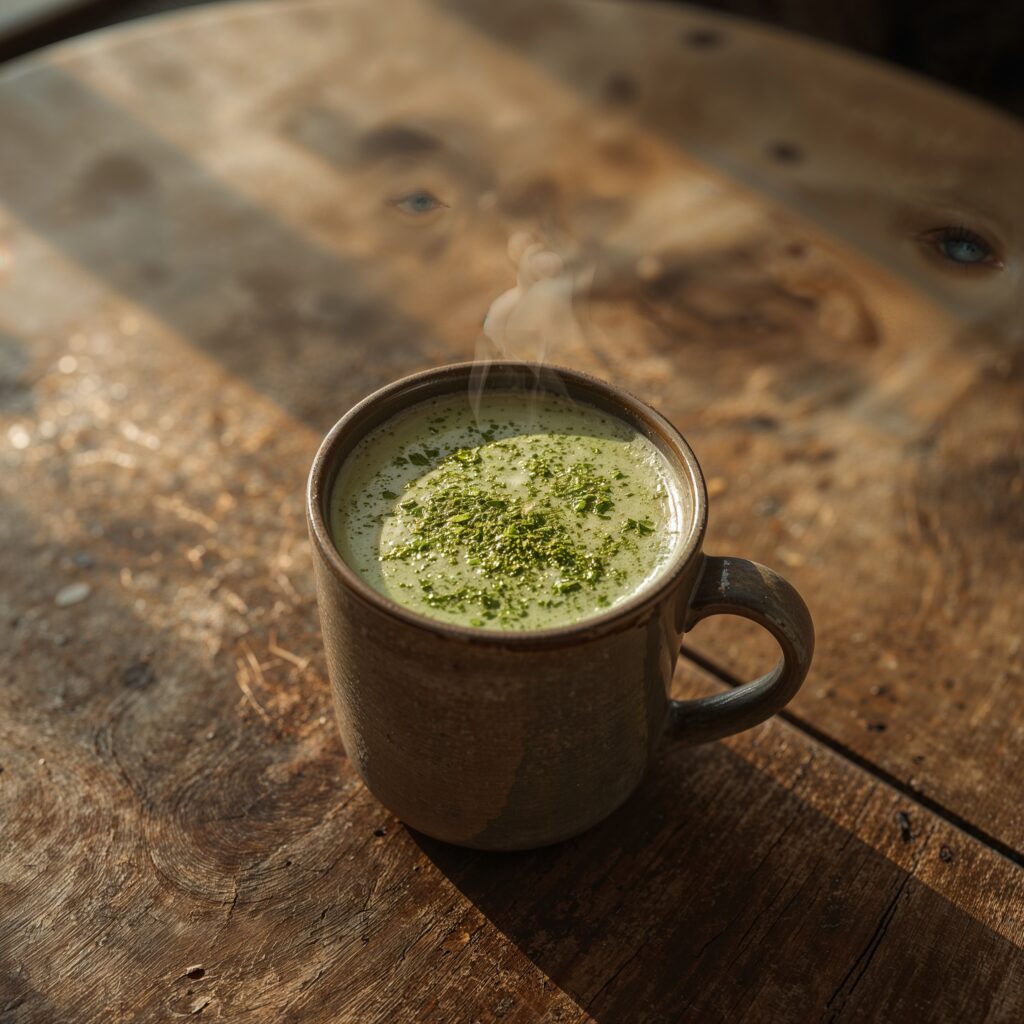 Vibrant adaptogen and nootropic drinks in a clear glass with herbs and steam