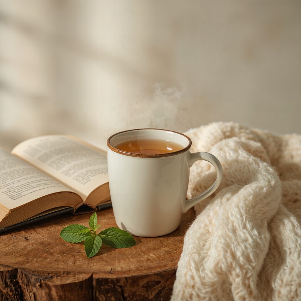 Cozy moment: cup of detox tea beside an open book and blanket