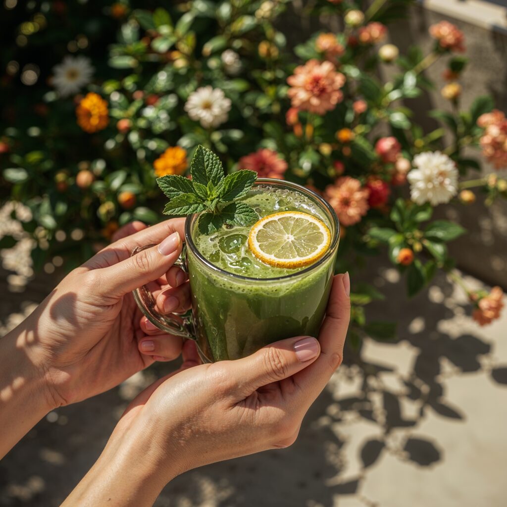 Enjoying a daily adaptogen prebiotic antioxidant phytonutrient drink outdoors