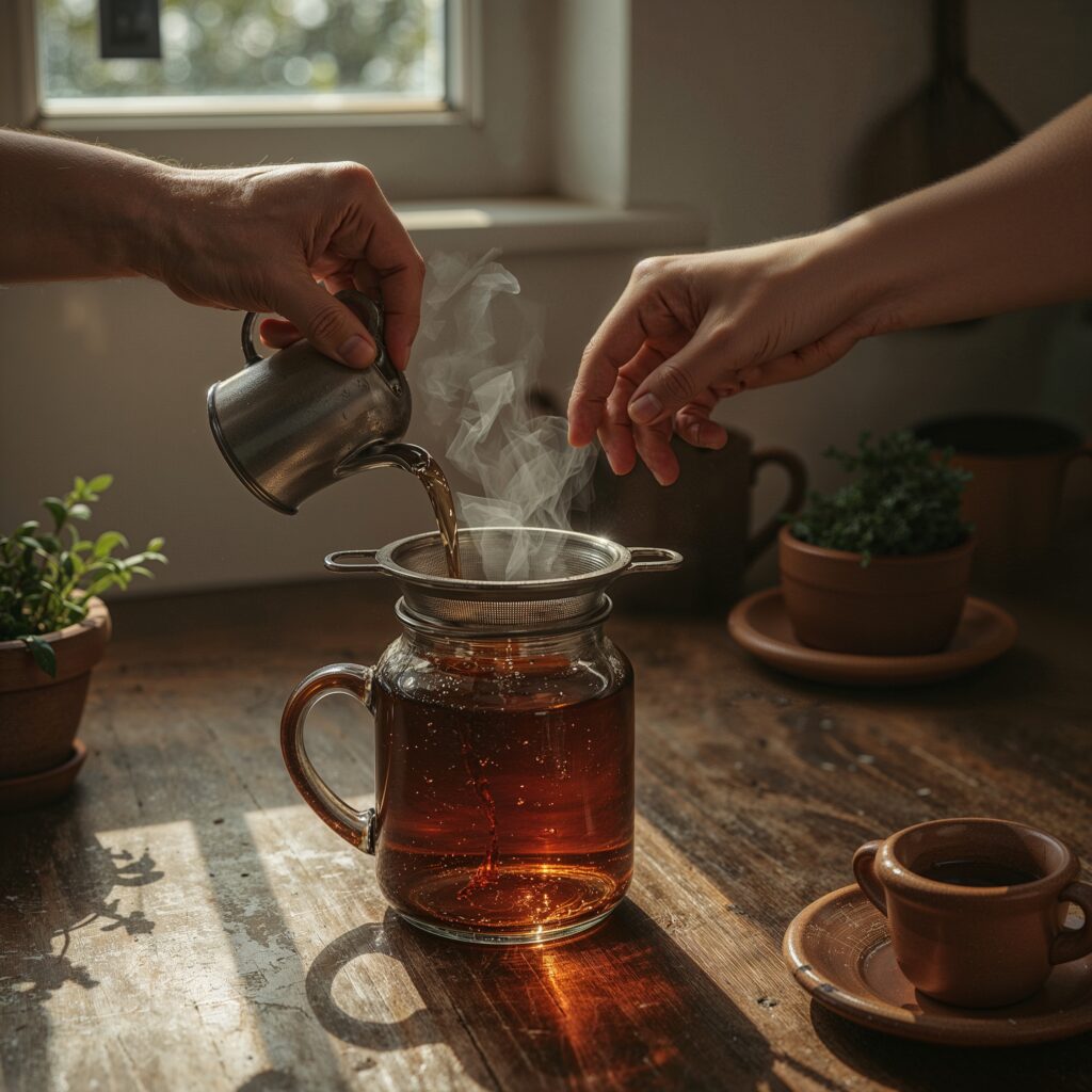 Hands straining freshly brewed detox tea into a glass jar in a cozy rustic kitchen with morning light