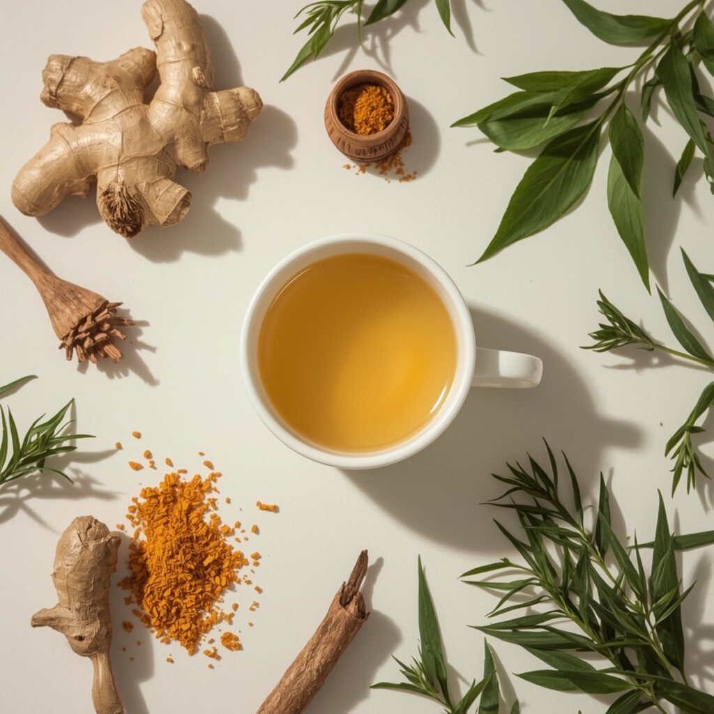 Organic detox tea with ginger, turmeric, and green tea promoting wellness.