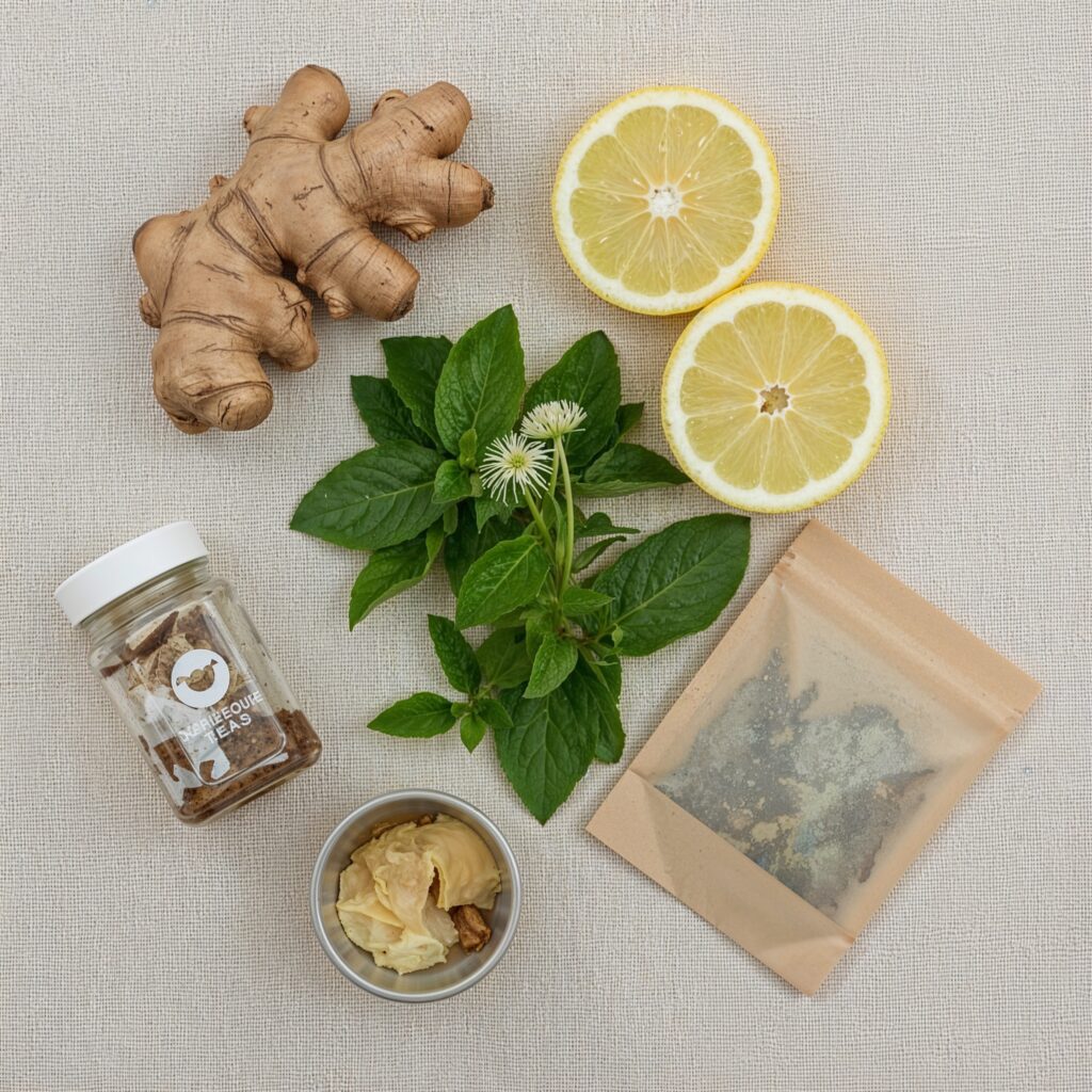 Top down view of detox tea ingredients including fresh ginger, lemon slices, mint leaves, dandelion root, and herbal tea packet